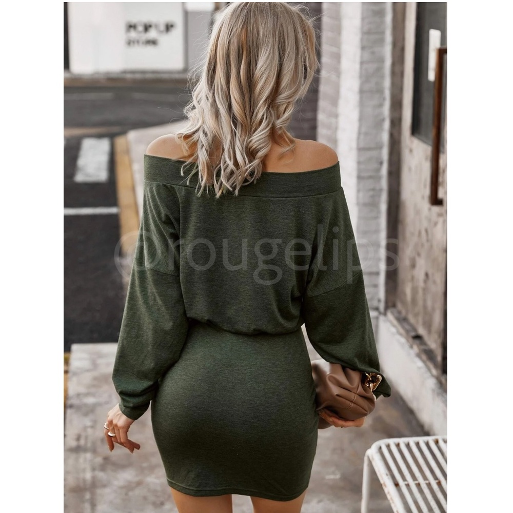 Army Green Off Shoulder Long Sleeve Mini Short Casual Dress - Picture 2 of 7